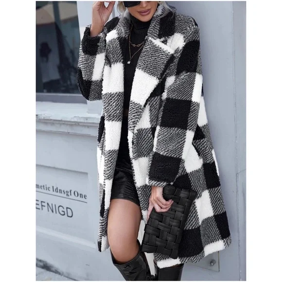 Cozy Plaid Teddy Open Front Jacket Coat - Picture 3 of 5